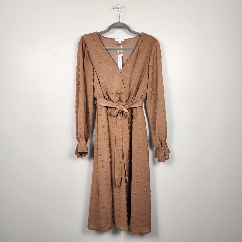 BALTIC BORN  | NWT Paisley Camel Swiss Dot Midi Faux Wrap Chiffon Dress - Sz L